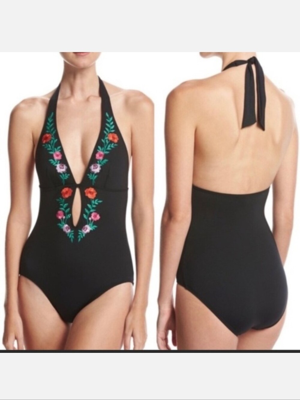 Kate Spade New York Marina Beach Halter Plunge One Piece Swimsuit black Sz Large - Picture 3 of 16